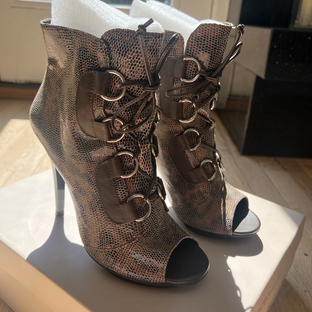 BCBGeneration Snakeskin Lace-Up Peep-Toe Boots - Black and Gray